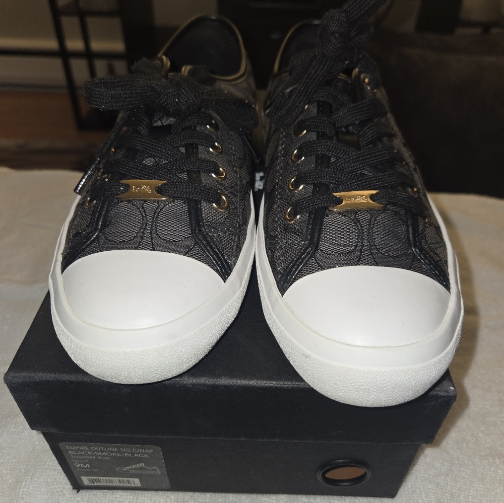 Coach Black and White Sneakers with Gold Accents - Picture 2 of 4